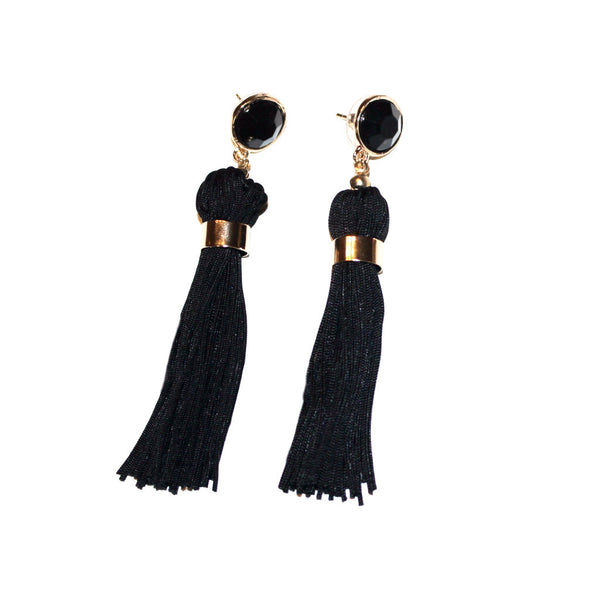 Black Drop Tassel Earrings with Crystal Stud